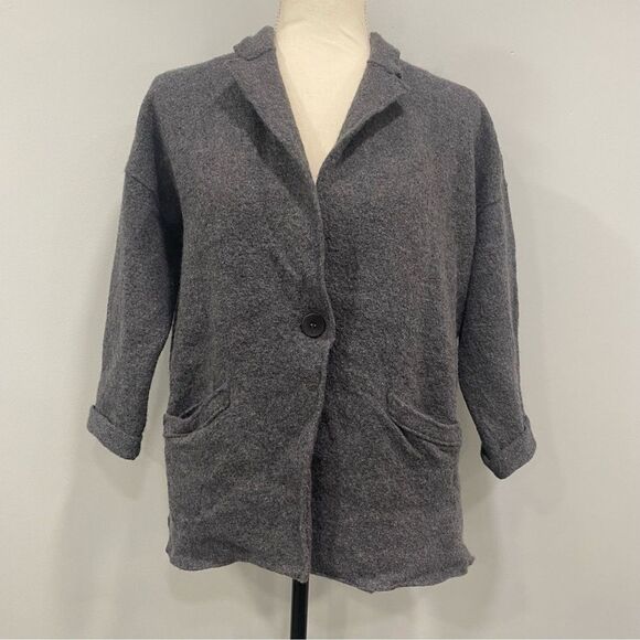 EILEEN FISHER XL Gray Merino Wool One-Button Slouchy Sweater Blazer Notch Collar - Picture 2 of 16